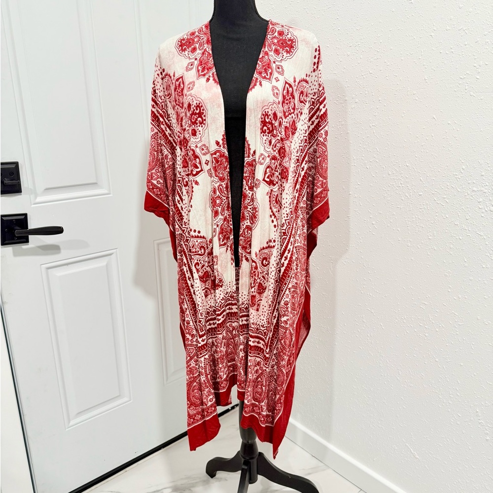 Time and Tru Red and White Paisley Kimono Cardigan L/XL